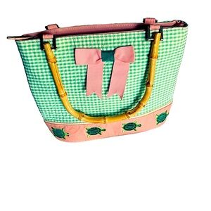 Handbag Bamboo Handled Preppy Green and Pink Bow with Turtles